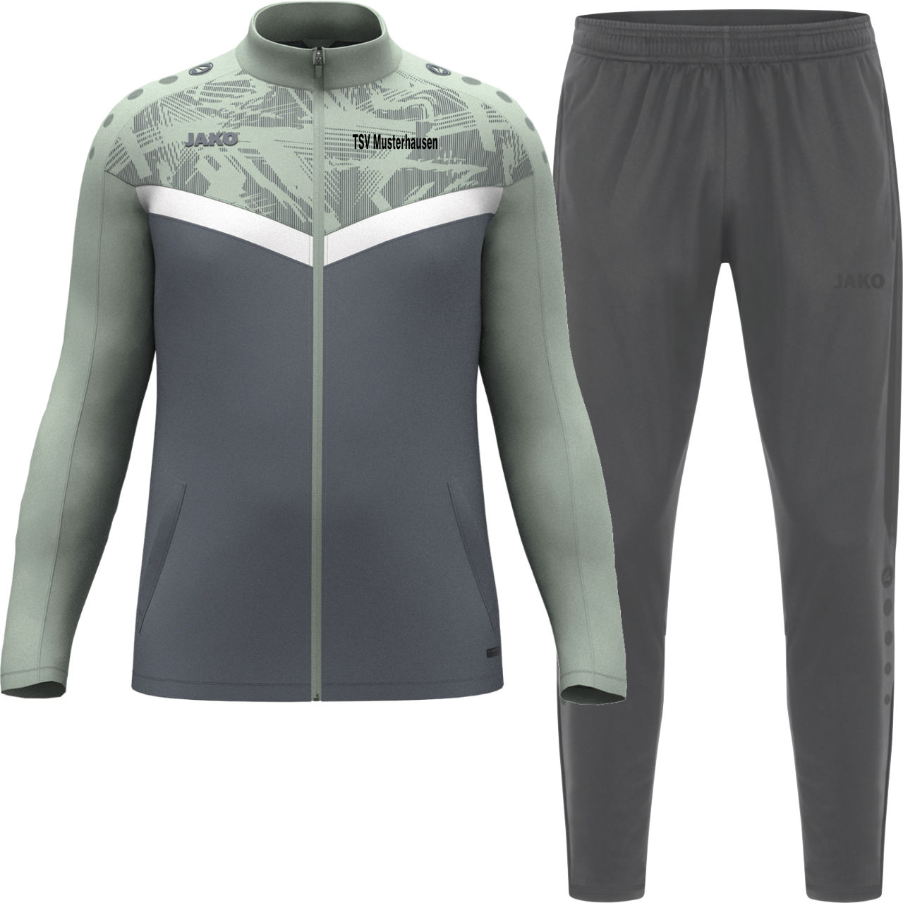 Jako Polyesteranzug ICONIC Unisex anthra light/mintgrün/soft grey Jacke und Hose Frontansicht