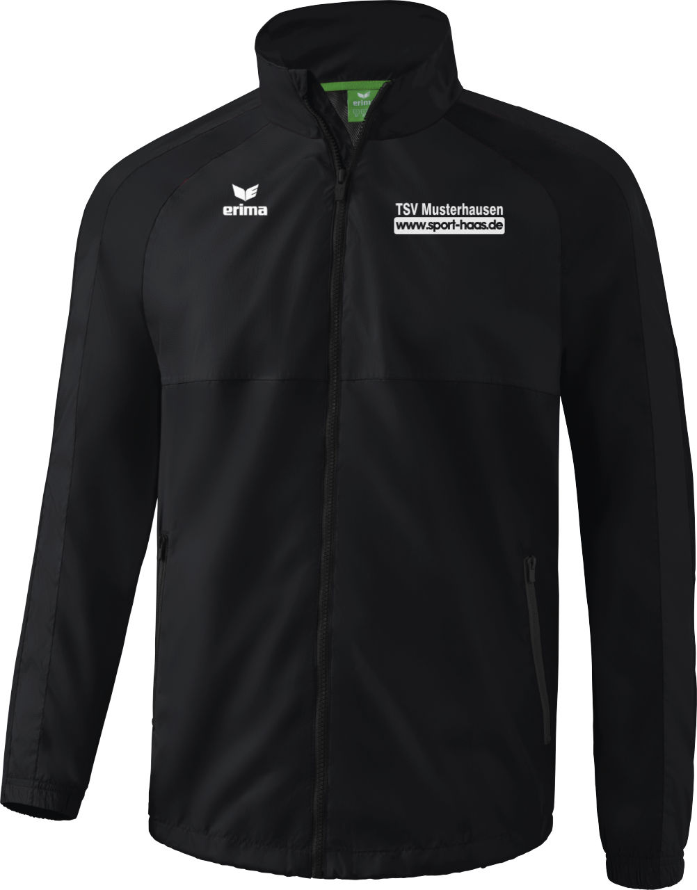 Erima Team Allwetterjacke Kinder mit Vereinsname und Sport Haas Logo auf der Brust