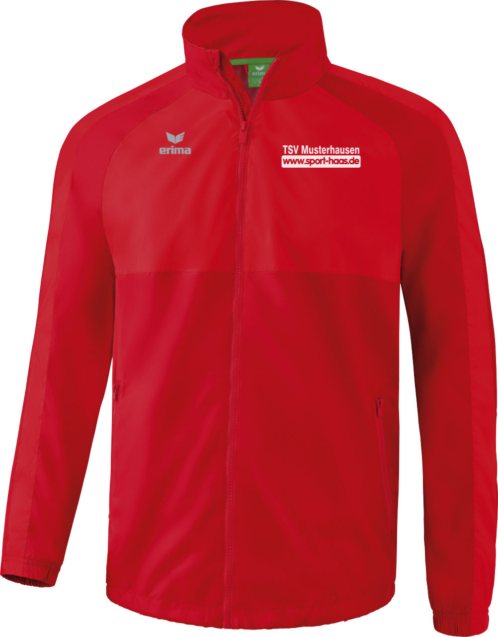 Erima Team Allwetterjacke Kinder mit Vereinsname und Sport Haas Logo auf der Brust