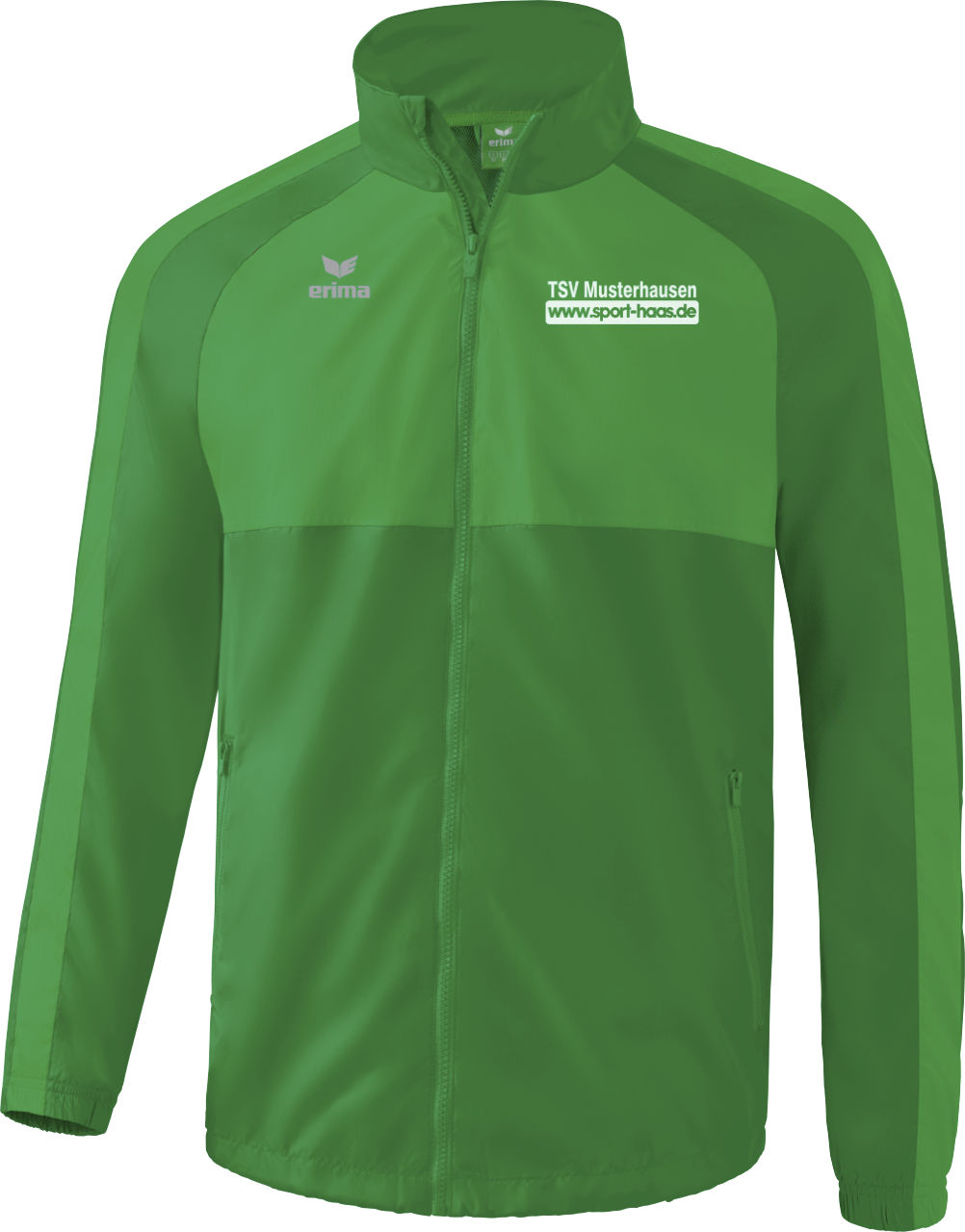 Erima Team Allwetterjacke Kinder mit Vereinsname und Sport Haas Logo auf der Brust