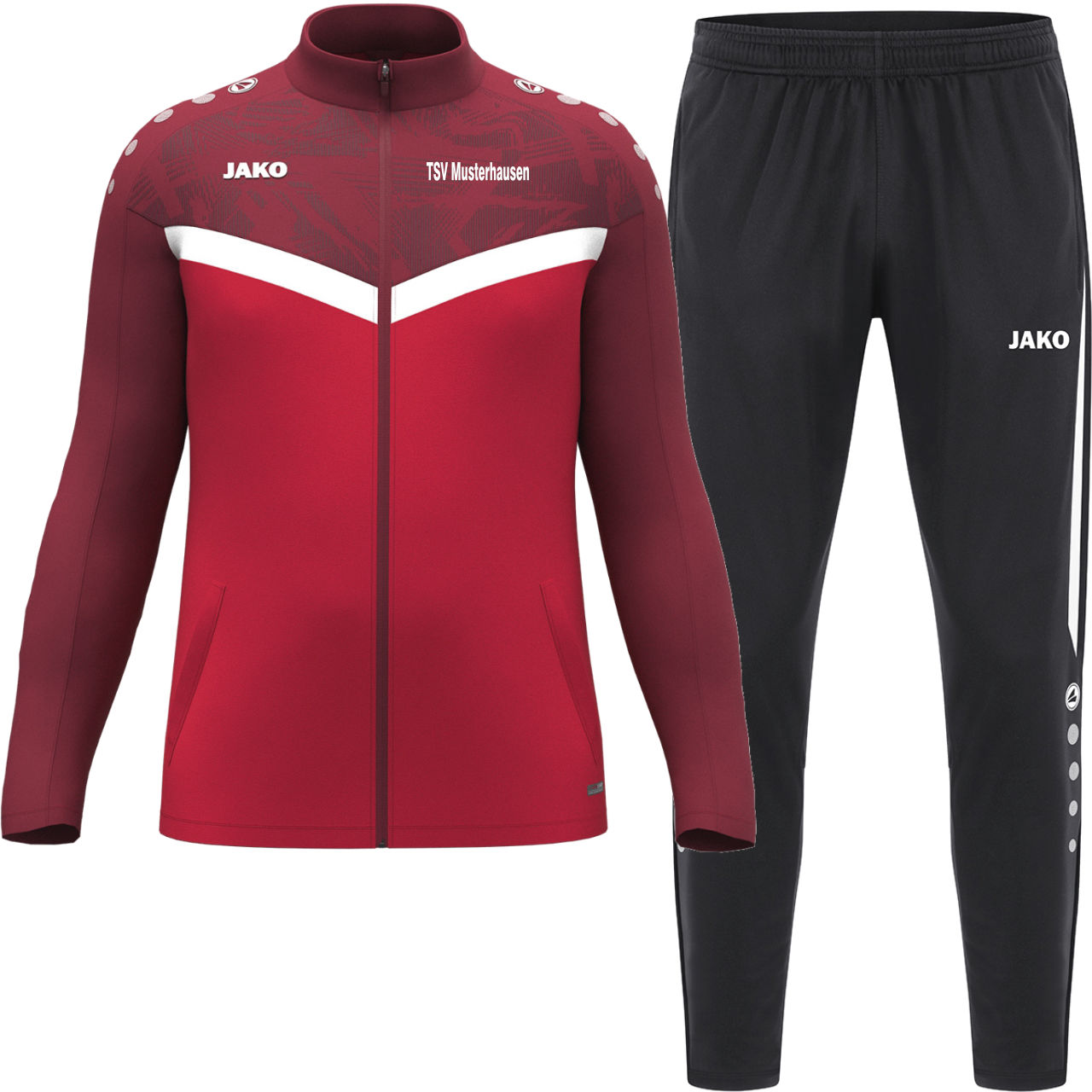 Jako Polyesteranzug ICONIC Unisex rot/weinrot Jacke und Hose Frontansicht