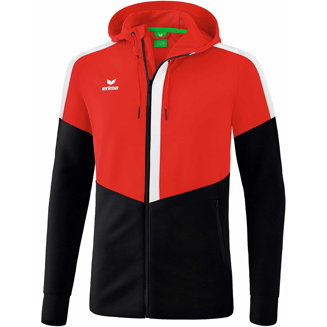 Erima Squad Trainingsjacke mit Kapuze Jede Menge Kombinationsmöglichkeiten!      weiches Funktionsmaterial     hoher Kragen mit Kapuze und Kordelzug     Rippbündchen an Ärmel und hinten am Saum     seitliche Reißverschlusstaschen  Material: 100% Polyester