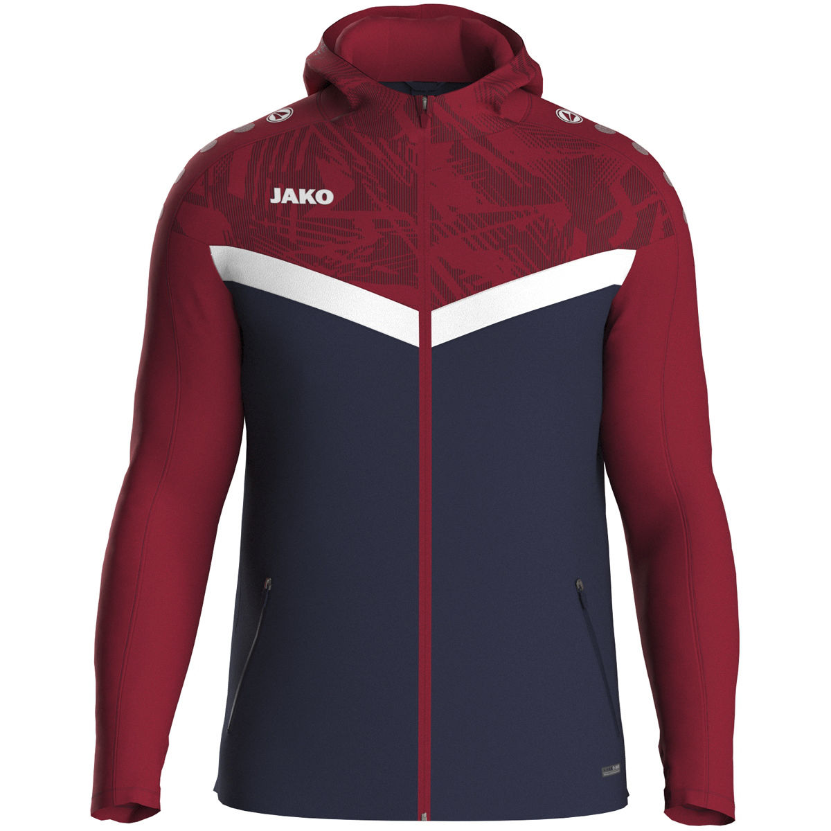 Jako Kapuzenjacke ICONIC Herren/Kinder marine/chili rot Frontansicht